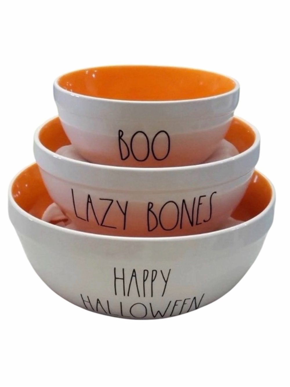 Rae Dunn Halloween Nesting Ceramic Mixing Bowls Lazy Bones White Orange Boo